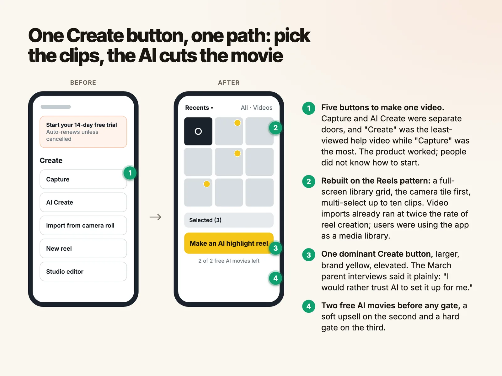 One Create button, one path: pick the clips, the AI cuts the movie