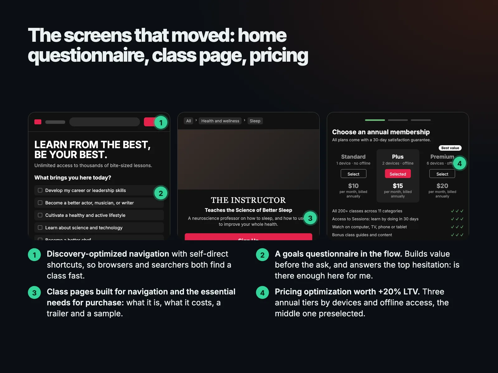 The screens that moved: home questionnaire, class page, pricing