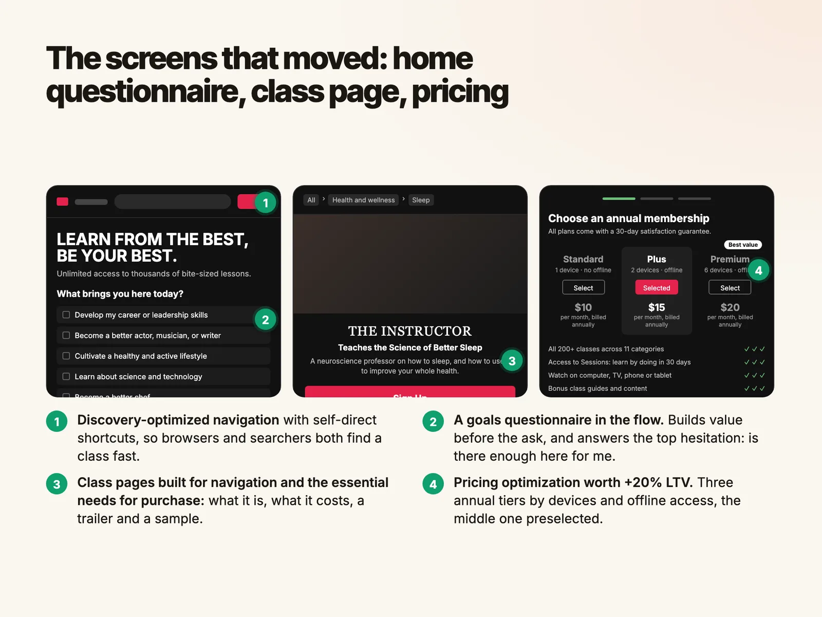 The screens that moved: home questionnaire, class page, pricing