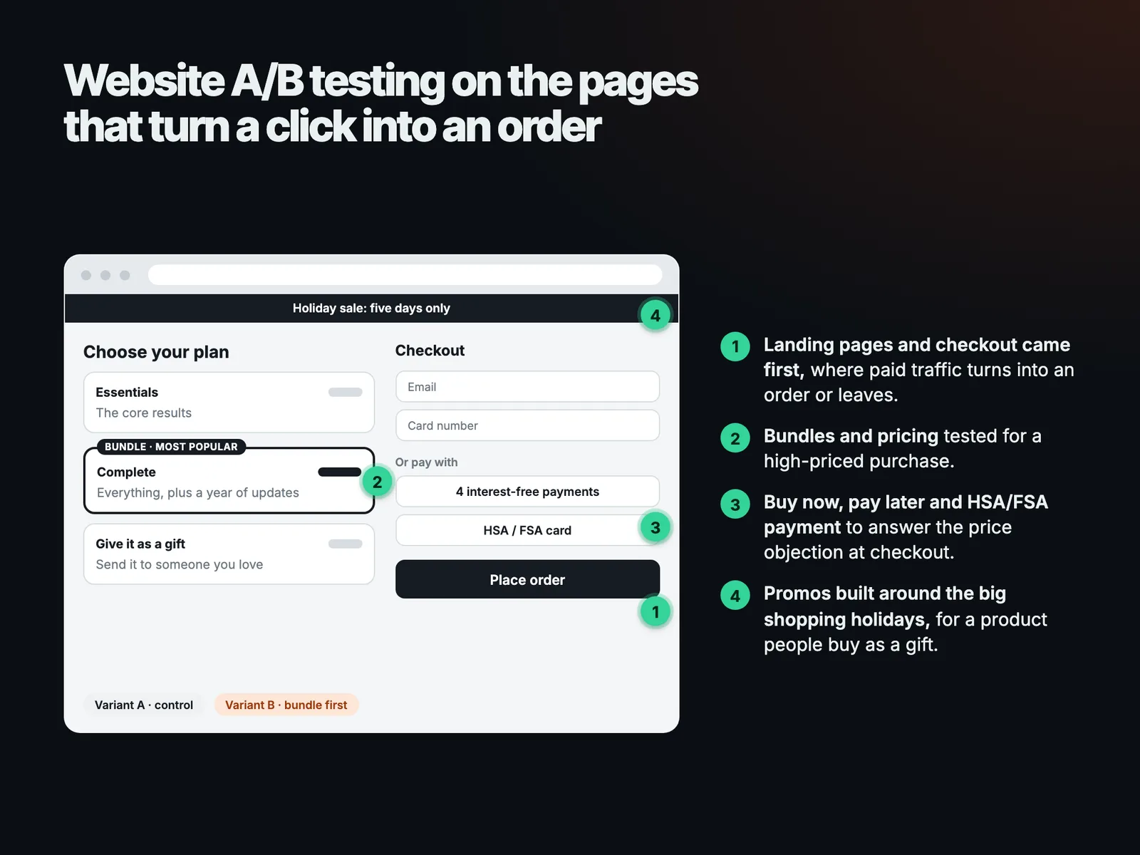 Website A/B testing on the pages that turn a click into an order
