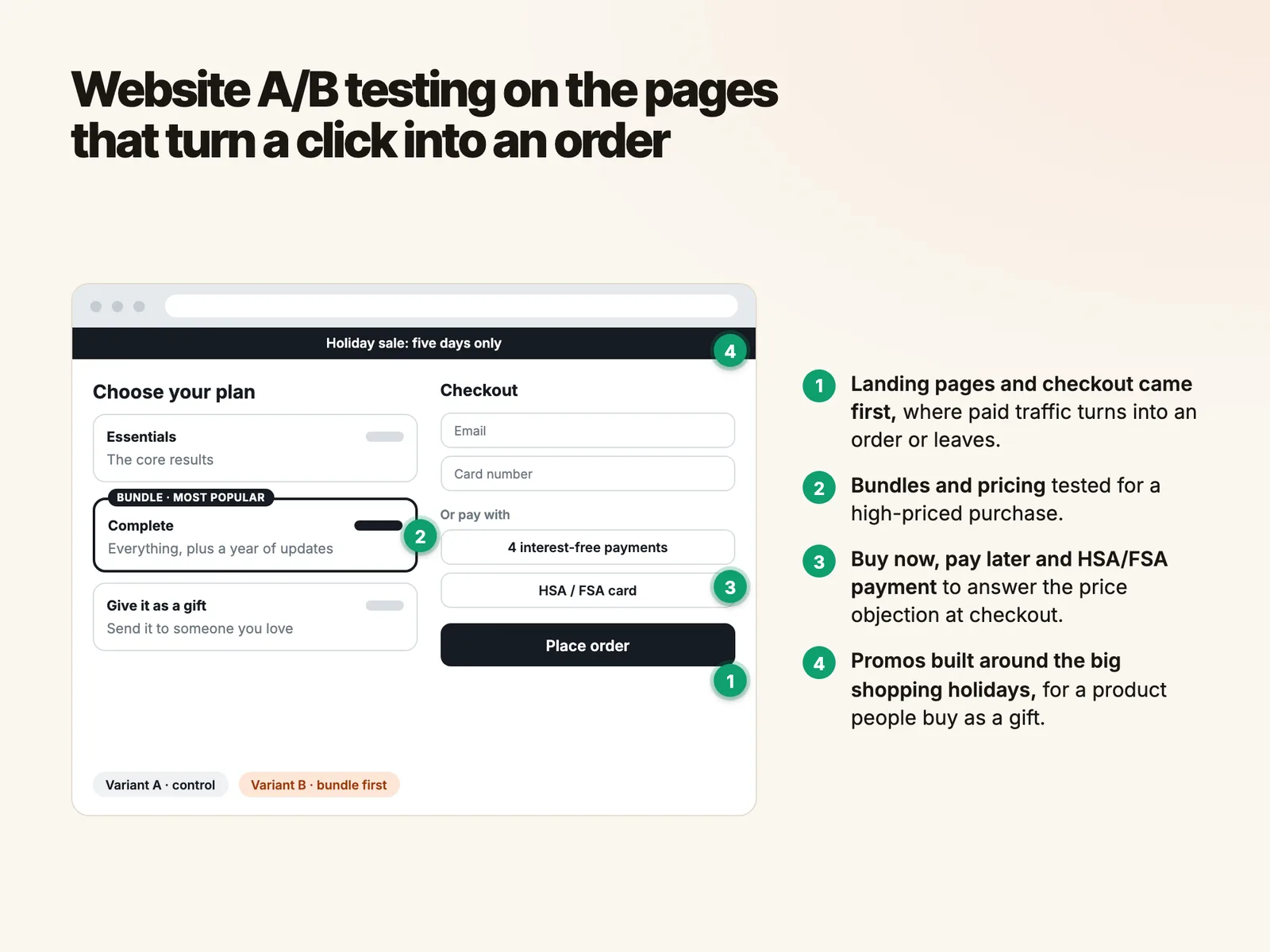 Website A/B testing on the pages that turn a click into an order